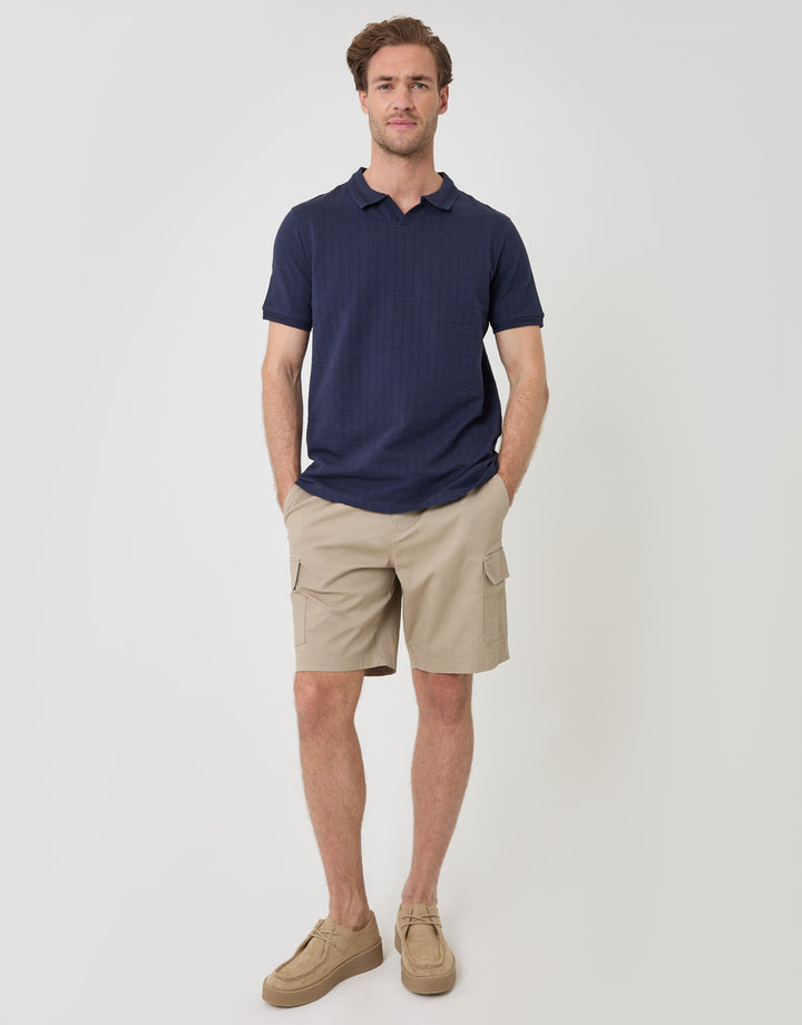 Threadbare Trophy Neck Textured Stretch Cotton Polo Shirt in Navy - full body