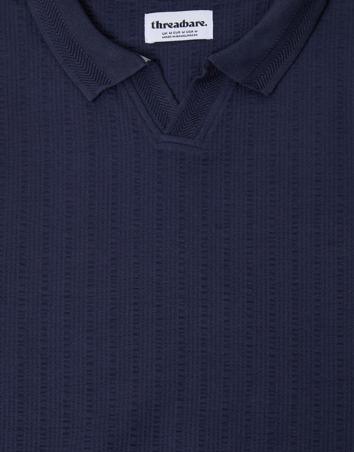 Threadbare Trophy Neck Textured Stretch Cotton Polo Shirt in Navy - close up