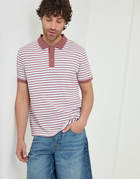 Threadbare Popcorn Stripe Cotton Polo Shirt in Dusky Pink - front view
