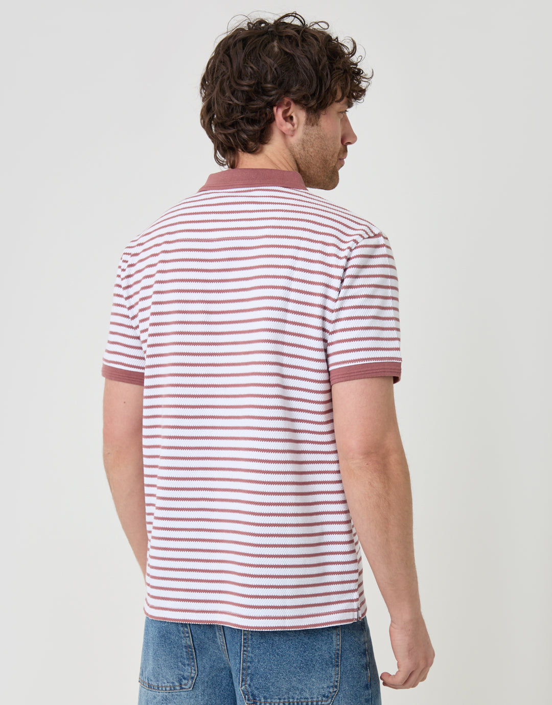Threadbare Popcorn Stripe Cotton Polo Shirt in Dusky Pink - back view