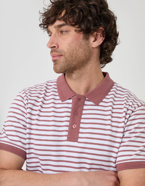Threadbare Popcorn Stripe Cotton Polo Shirt in Dusky Pink - close up