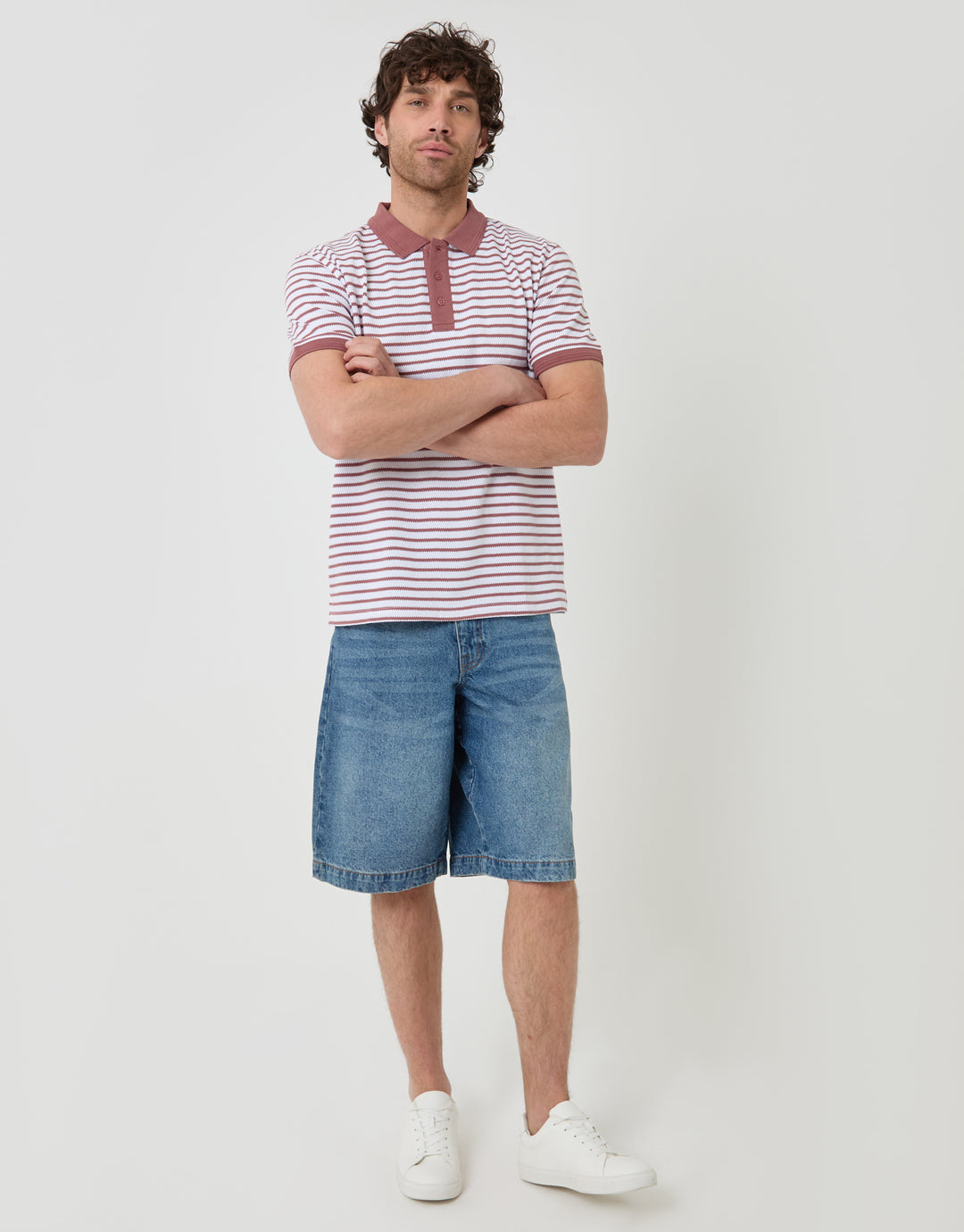 Threadbare Popcorn Stripe Cotton Polo Shirt in Dusky Pink - full body