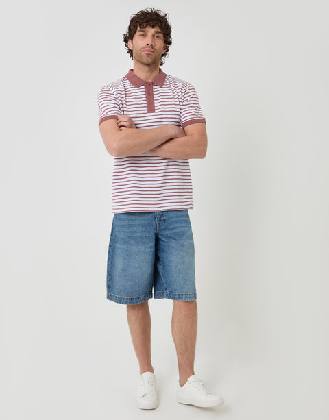 Threadbare Popcorn Stripe Cotton Polo Shirt in Dusky Pink - full body
