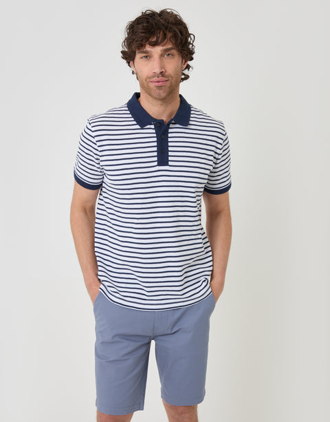 Threadbare Popcorn Stripe Cotton Polo Shirt in Navy - front view