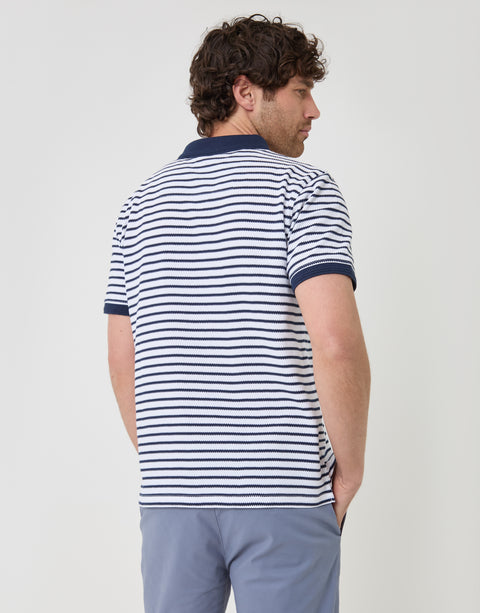 Threadbare Popcorn Stripe Cotton Polo Shirt in Navy - back view