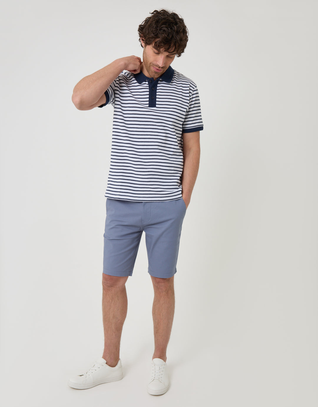 Threadbare Popcorn Stripe Cotton Polo Shirt in Navy - full body
