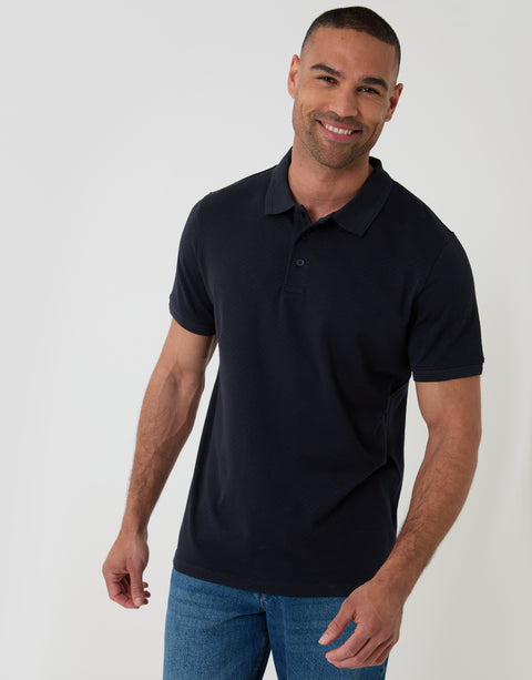 Threadbare Textured Cotton Polo Shirt in Navy - front view