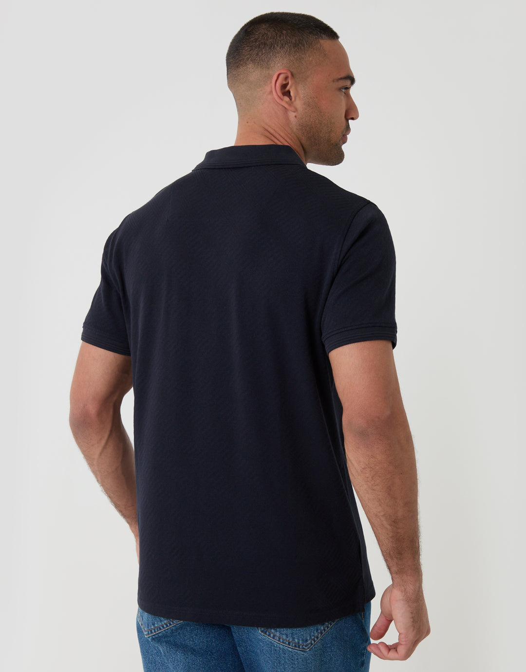 Threadbare Textured Cotton Polo Shirt in Navy - back view