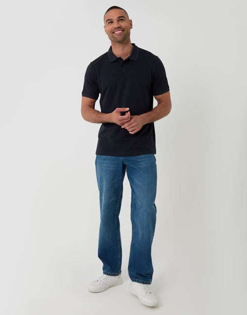 Threadbare Textured Cotton Polo Shirt in Navy - full body