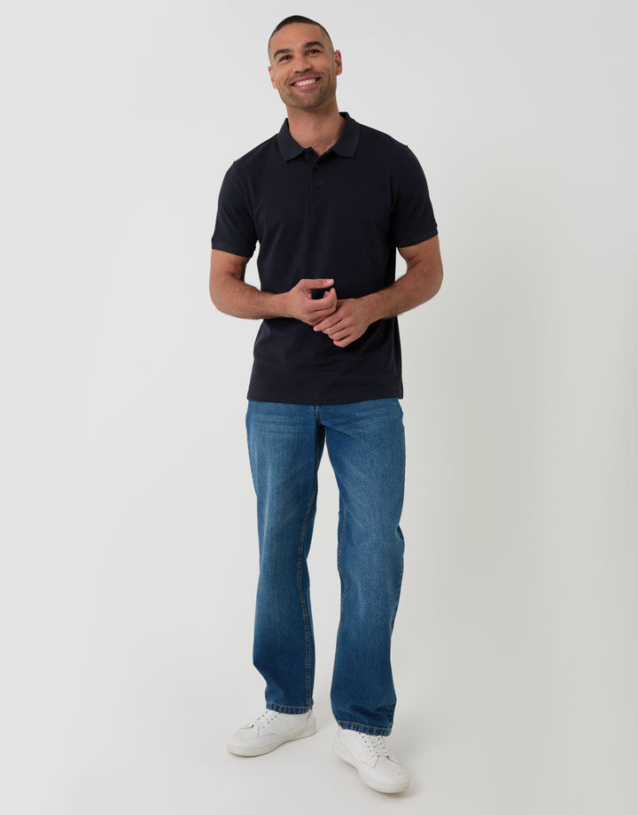 Threadbare Textured Cotton Polo Shirt in Navy - full body