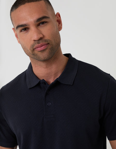 Threadbare Textured Cotton Polo Shirt in Navy - close up