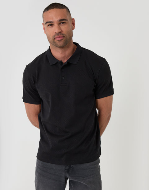 Threadbare Textured Cotton Polo Shirt in Black - front view
