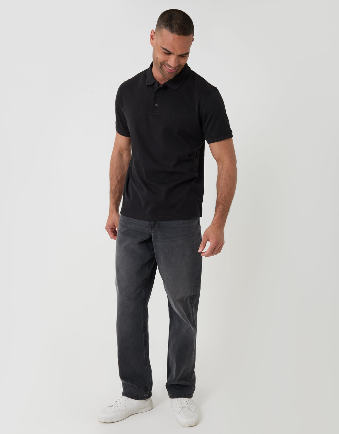 Threadbare Textured Cotton Polo Shirt in Black - full body