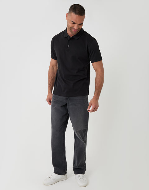 Threadbare Textured Cotton Polo Shirt in Black - full body