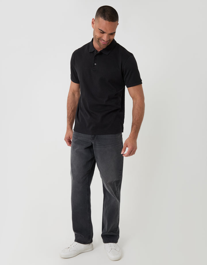 Threadbare Textured Cotton Polo Shirt in Black - full body