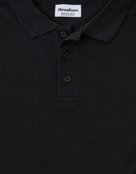 Threadbare Textured Cotton Polo Shirt in Black - close up detail