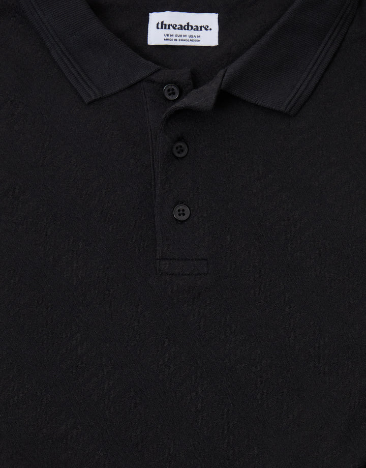 Threadbare Textured Cotton Polo Shirt in Black - close up detail