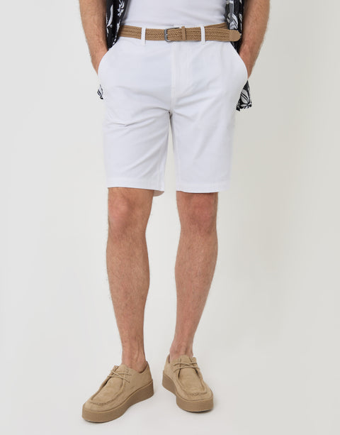 Threadbare Belted Chino Shorts in White - front view