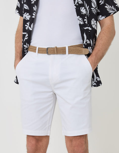 Threadbare Belted Chino Shorts in White - close up
