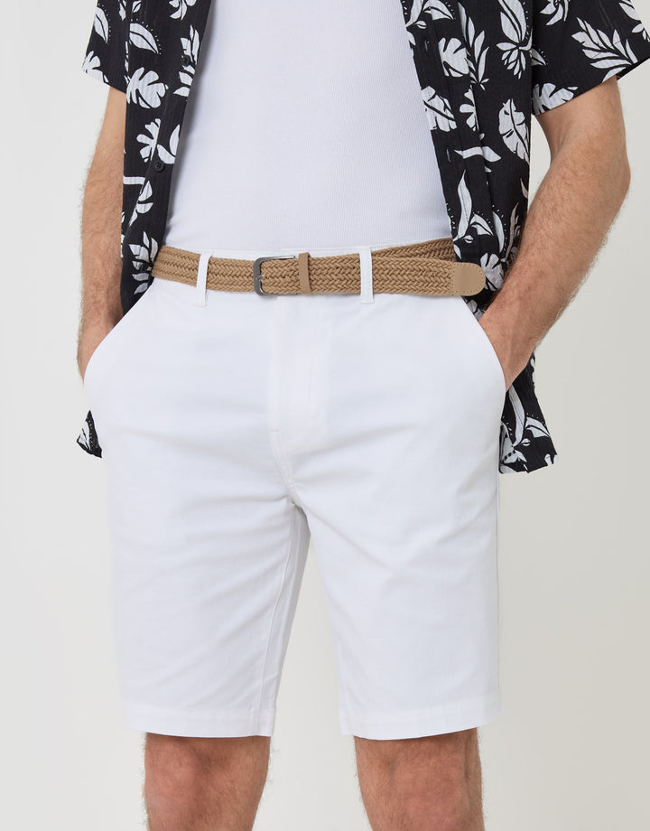Threadbare Belted Chino Shorts in White - close up