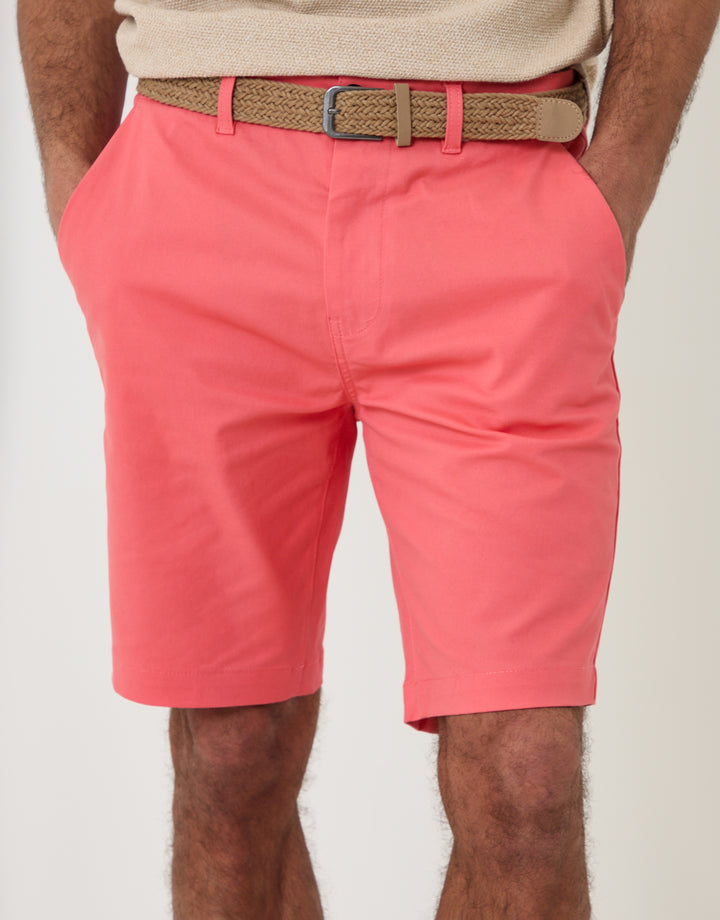 Threadbare Belted Chino Shorts in Coral Pink - front view close up