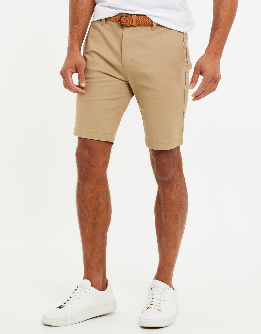 Threadbare Belted Chino Shorts in Stone - front view