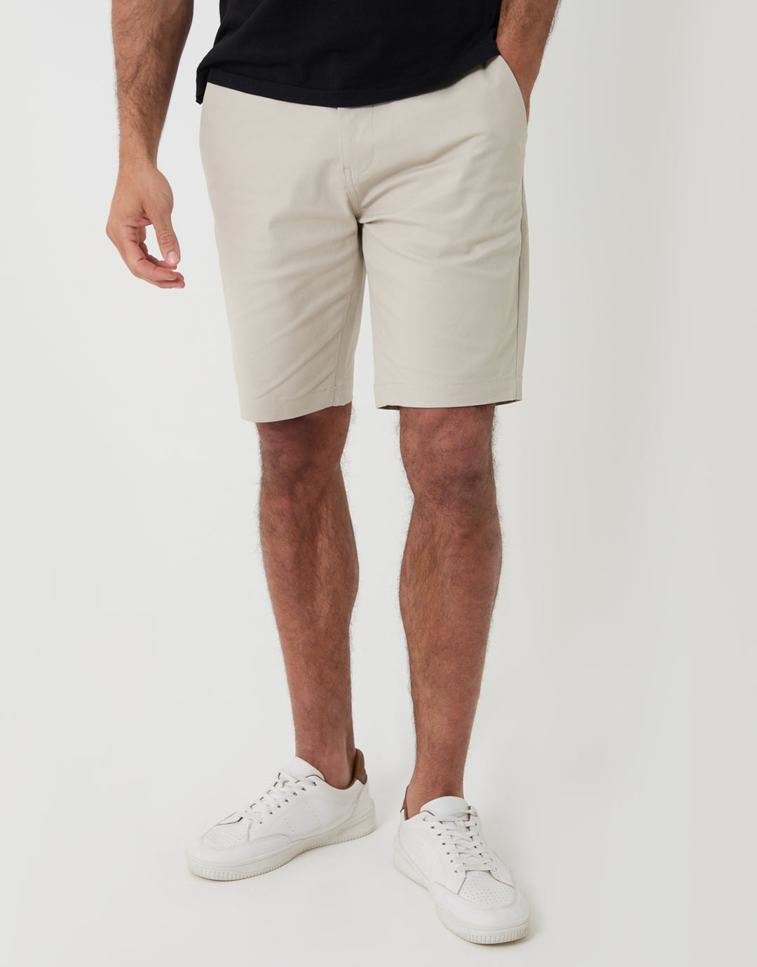 Threadbare Belted Chino Shorts in  Light Stone - Front View with shoes