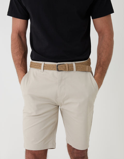 Threadbare Belted Chino Shorts in  Light Stone - Front Close View