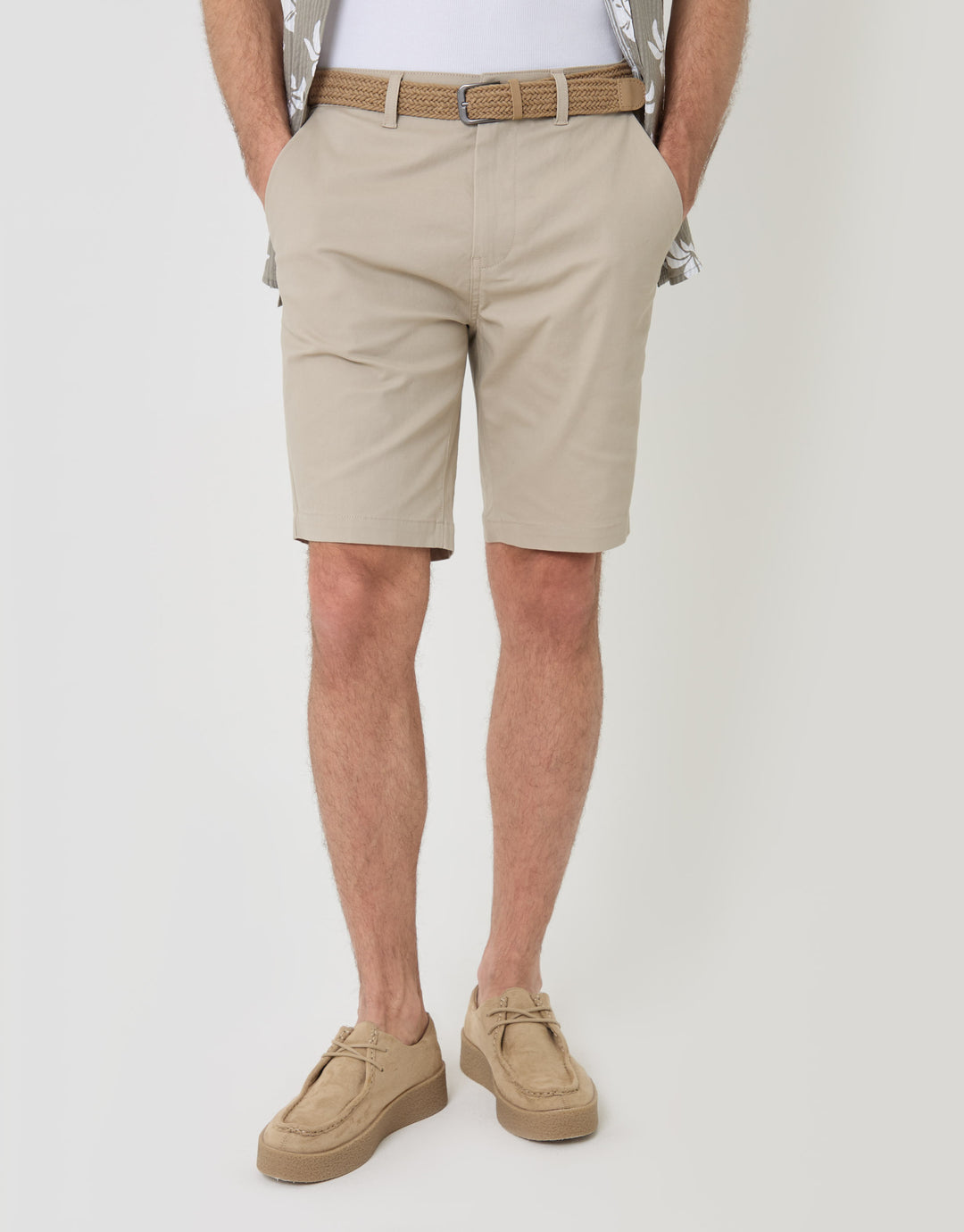 Threadbare Belted Chino Shorts in Stone - front view