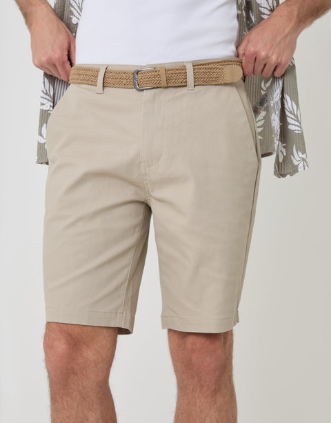 Threadbare Belted Chino Shorts in Stone - close up