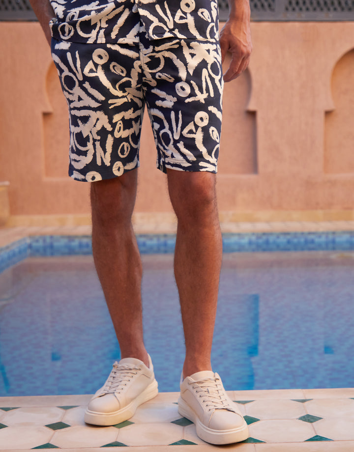 Navy Abstract Print Shorts