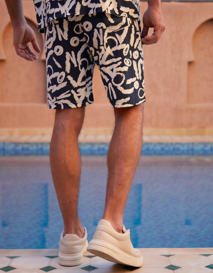 Navy Abstract Print Shorts