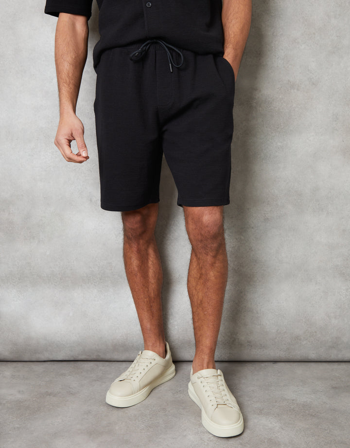 Black Textured Elasticated Shorts
