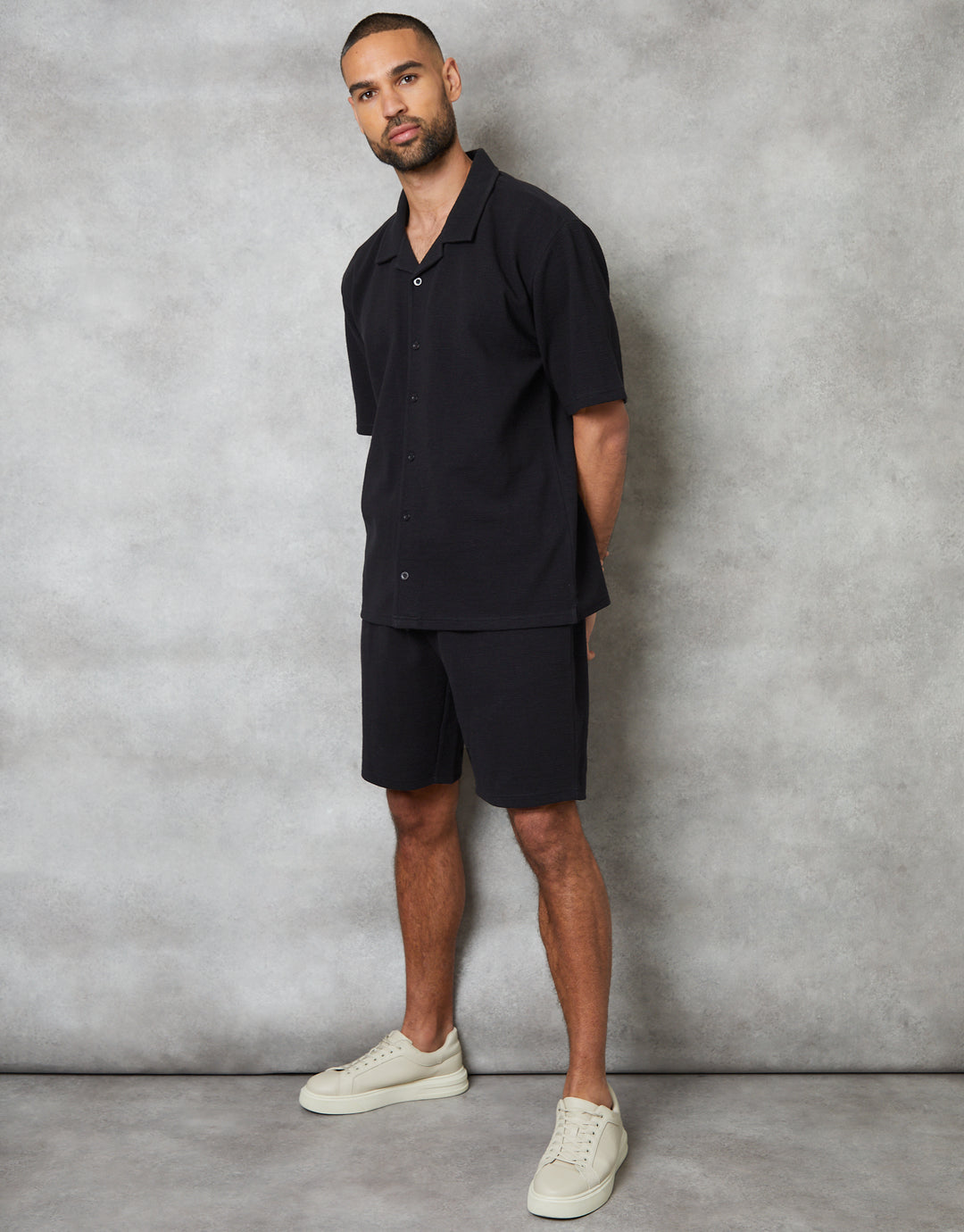 Black Textured Elasticated Shorts