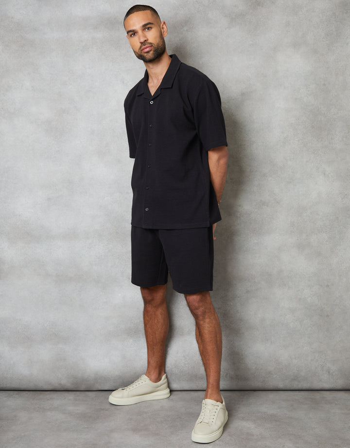 Black Textured Elasticated Shorts