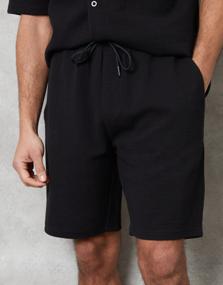 Black Textured Elasticated Shorts