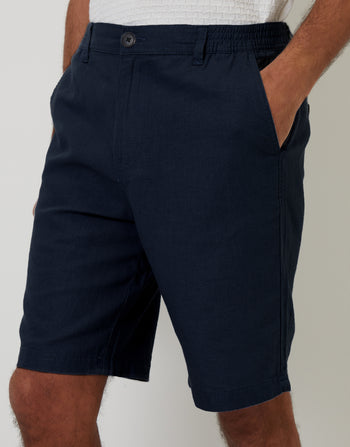 Threadbare Linen Blend Shorts in Navy - front view close up