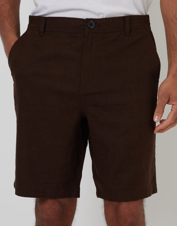 Threadbare Linen Blend Shorts in Chocolate Brown - front close up view