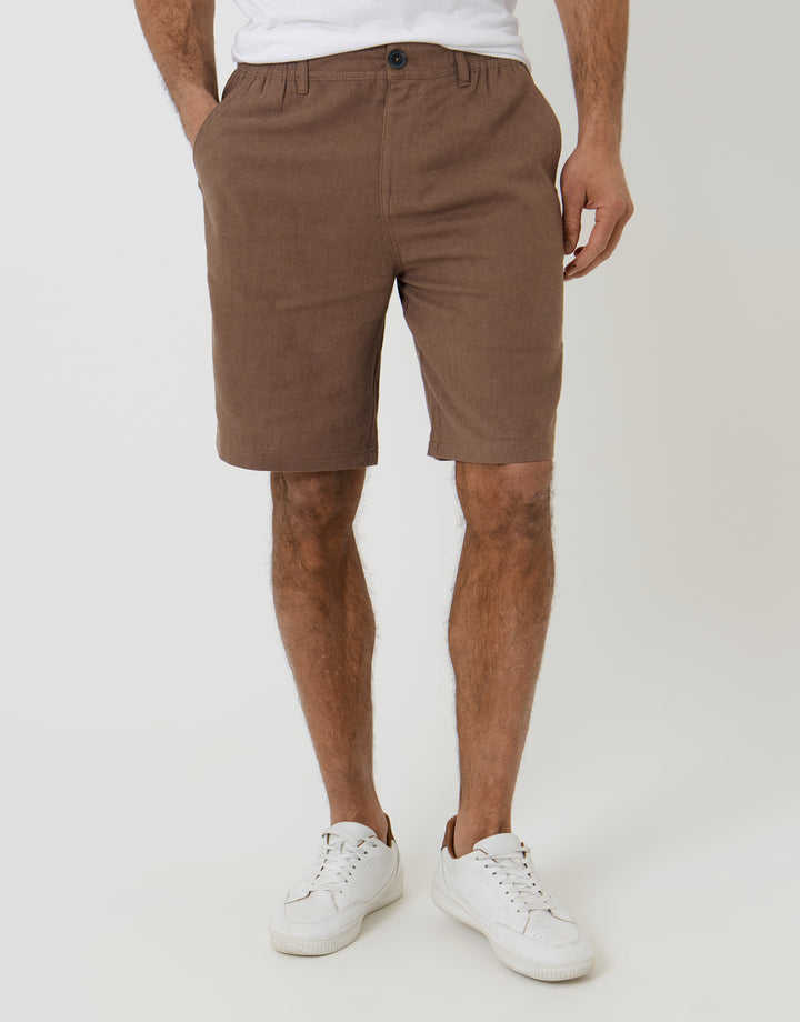Brown Linen Blend Shorts
