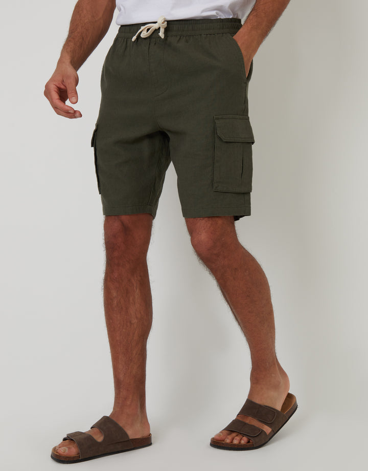 Khaki Green Linen Blend Cargo Shorts