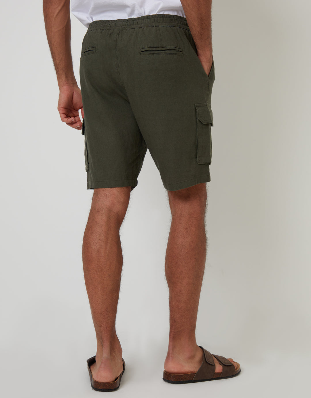 Khaki Green Linen Blend Cargo Shorts