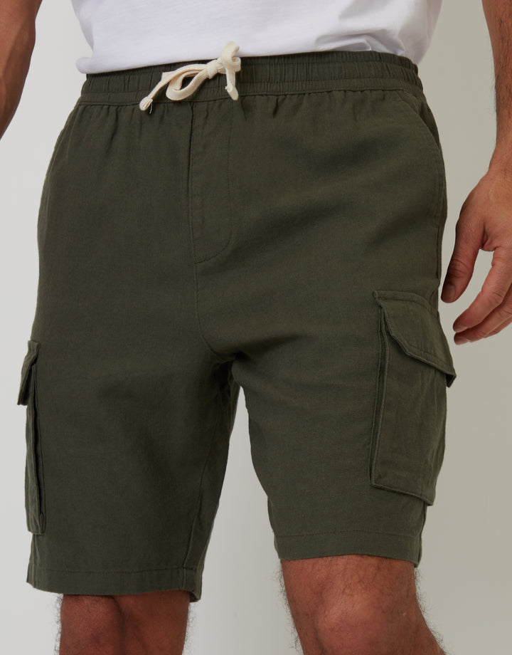 Khaki Green Linen Blend Cargo Shorts
