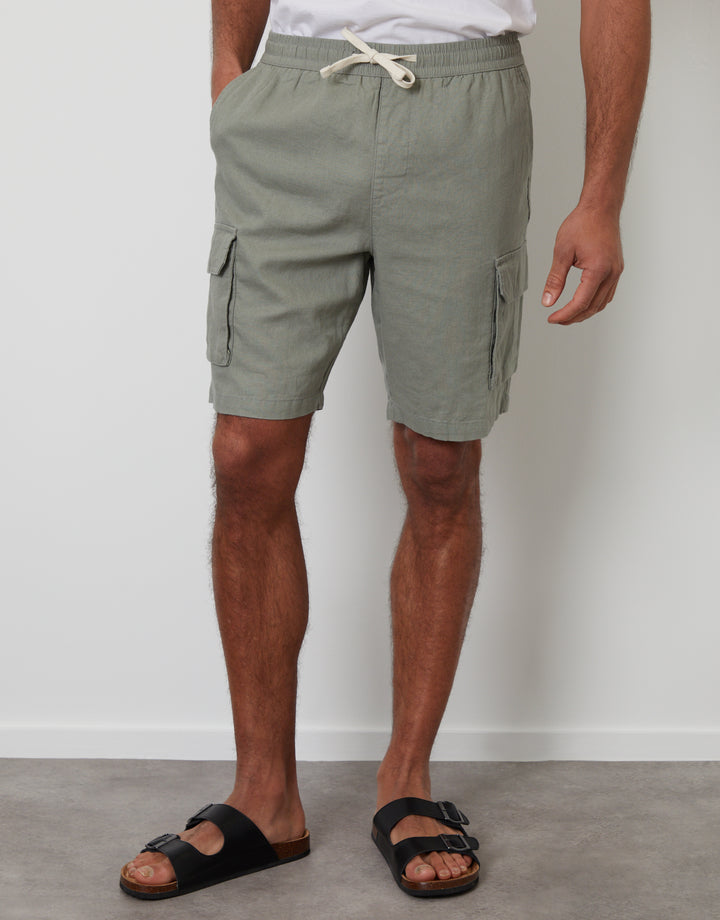 Sage Green Linen Blend Cargo Shorts