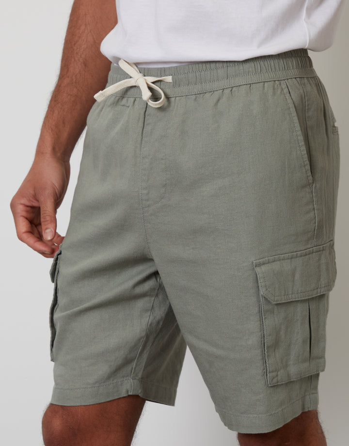 Sage Green Linen Blend Cargo Shorts