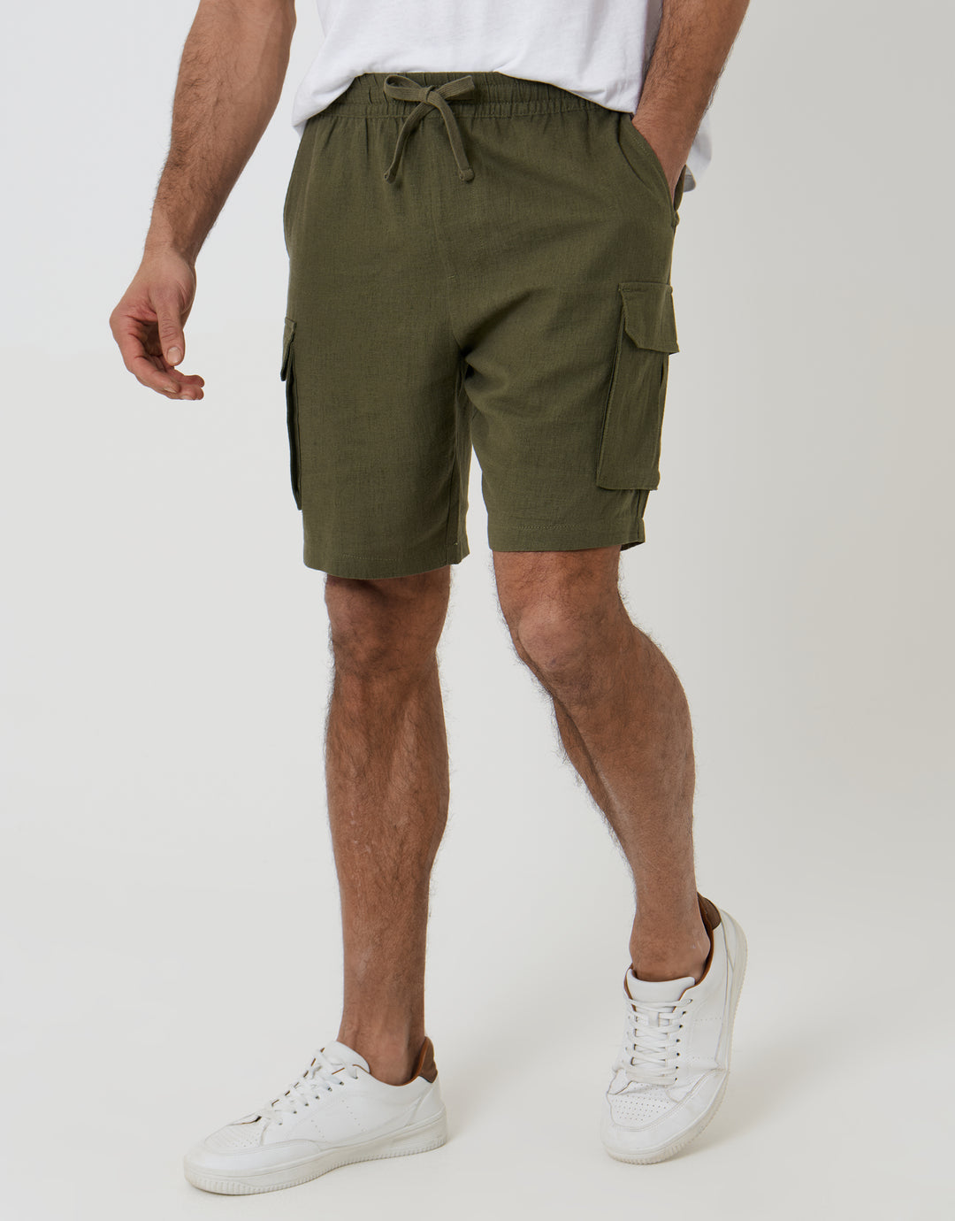 Threadbare Linen Blend Cargo Shorts in Khaki Green - front view