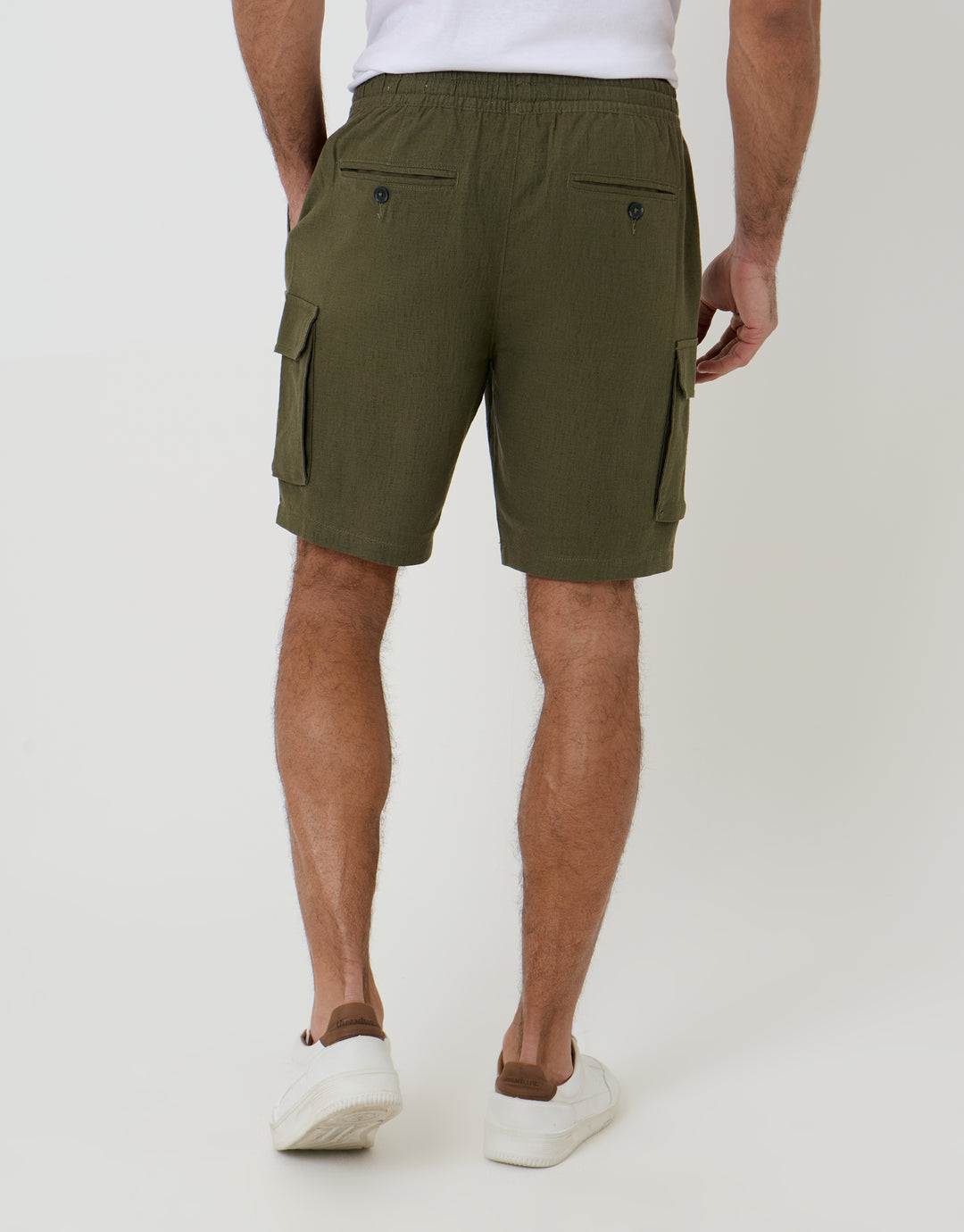 Threadbare Linen Blend Cargo Shorts in Khaki Green - back view