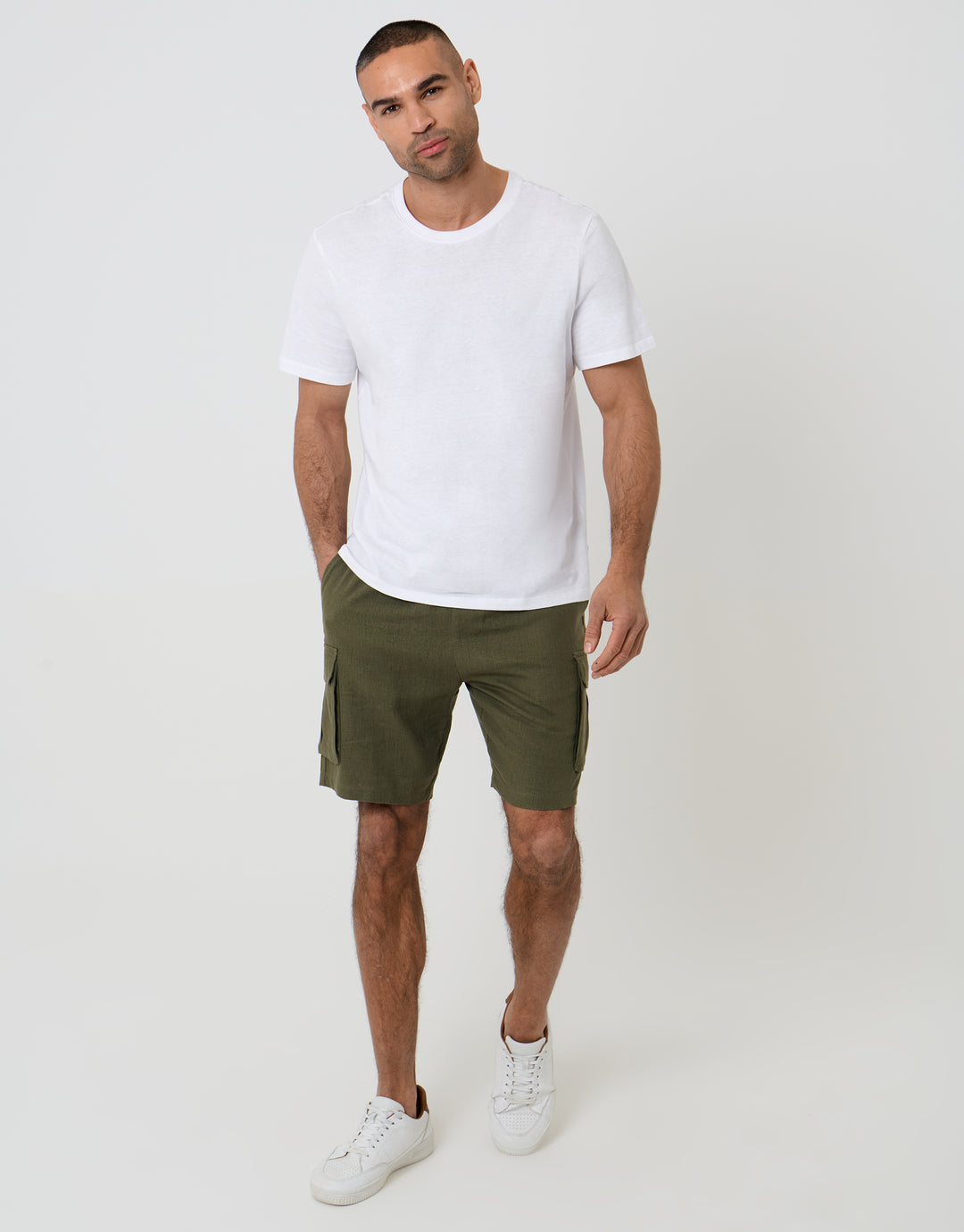 Threadbare Linen Blend Cargo Shorts in Khaki Green - full body