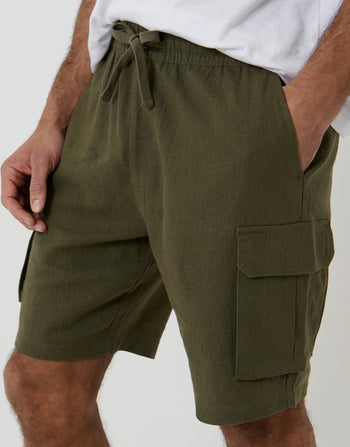 Threadbare Linen Blend Cargo Shorts in Khaki Green - front view close up