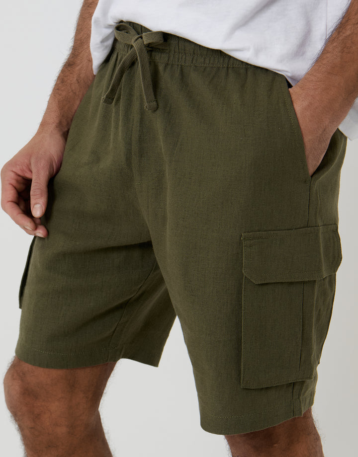 Threadbare Linen Blend Cargo Shorts in Khaki Green - front view close up