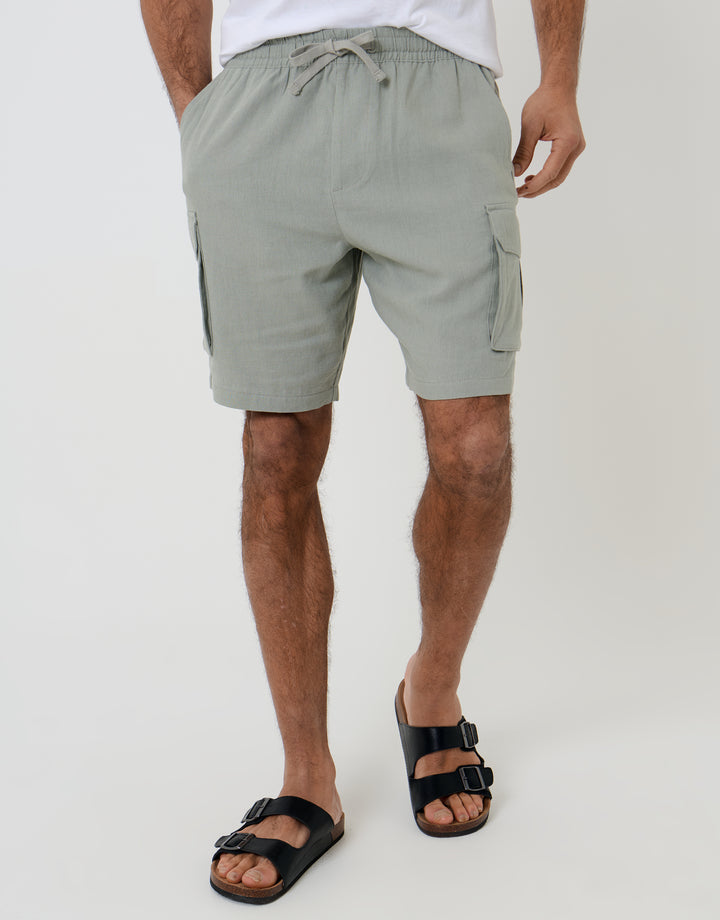 Threadbare Linen Blend Cargo Shorts in Sage Green - front view